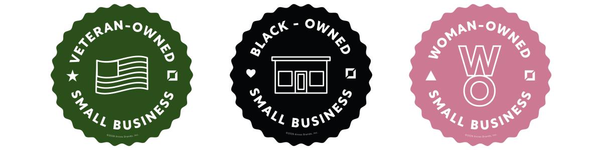 Badges showing that this is a Black-Owned, Female-Owned, and Veteran-Owned Business